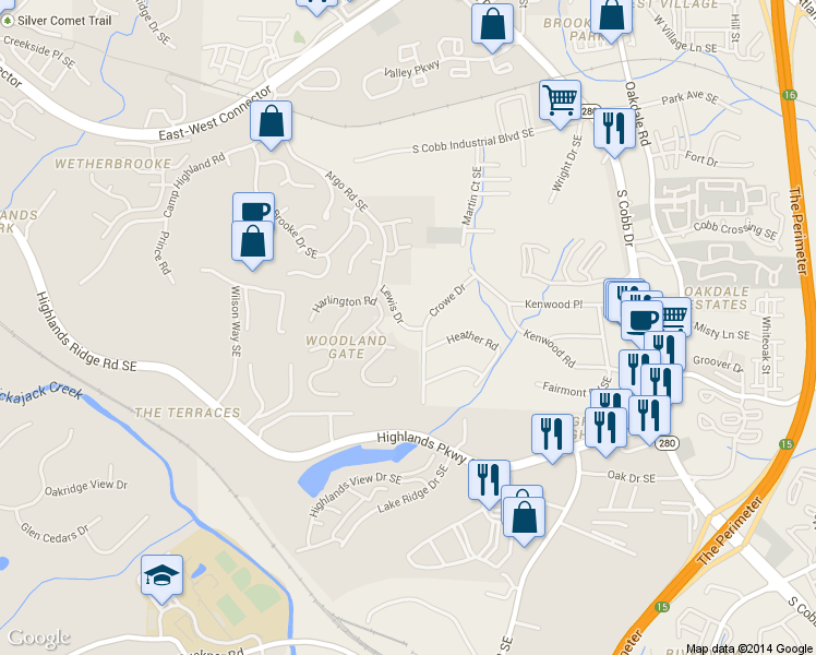 map of restaurants, bars, coffee shops, grocery stores, and more near 4975 Lewis Drive in Smyrna