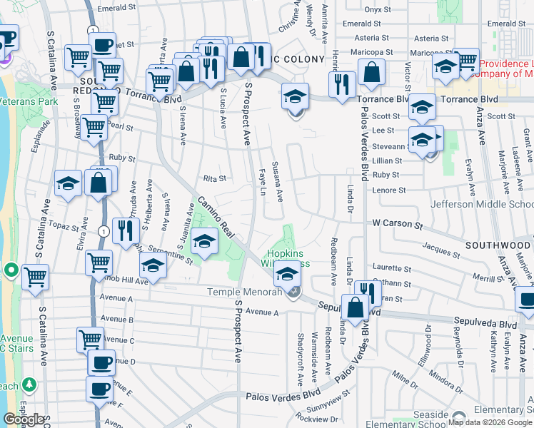 map of restaurants, bars, coffee shops, grocery stores, and more near 1101 Ysabel Street in Redondo Beach