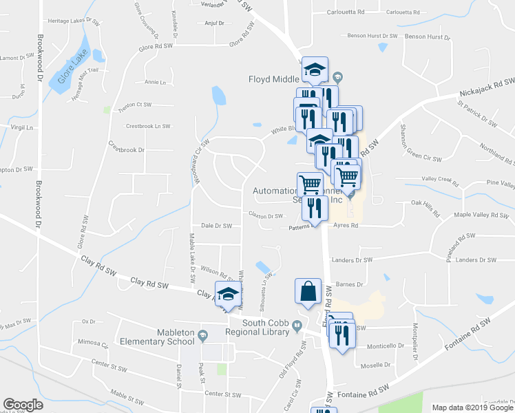 map of restaurants, bars, coffee shops, grocery stores, and more near 819 Joseph Club Drive in Mableton