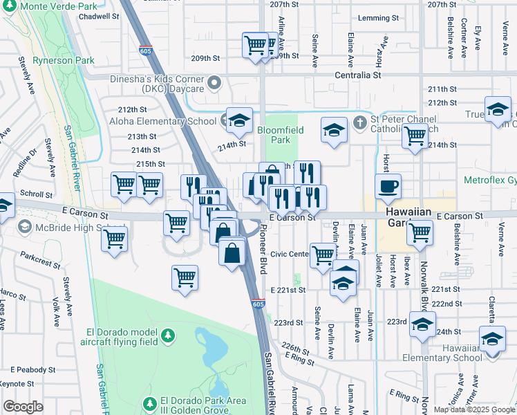 map of restaurants, bars, coffee shops, grocery stores, and more near 11803 East Carson Street in Hawaiian Gardens