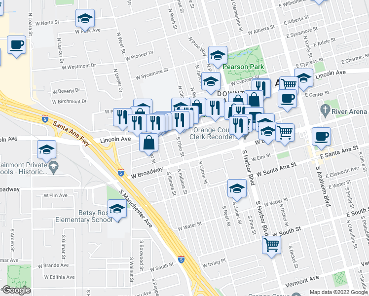 map of restaurants, bars, coffee shops, grocery stores, and more near 204 South Ohio Street in Anaheim