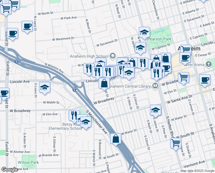 map of restaurants, bars, coffee shops, grocery stores, and more near 113 South West Street in Anaheim