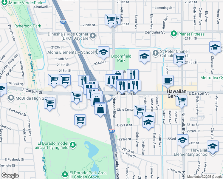 map of restaurants, bars, coffee shops, grocery stores, and more near 11803 East Carson Street in Hawaiian Gardens