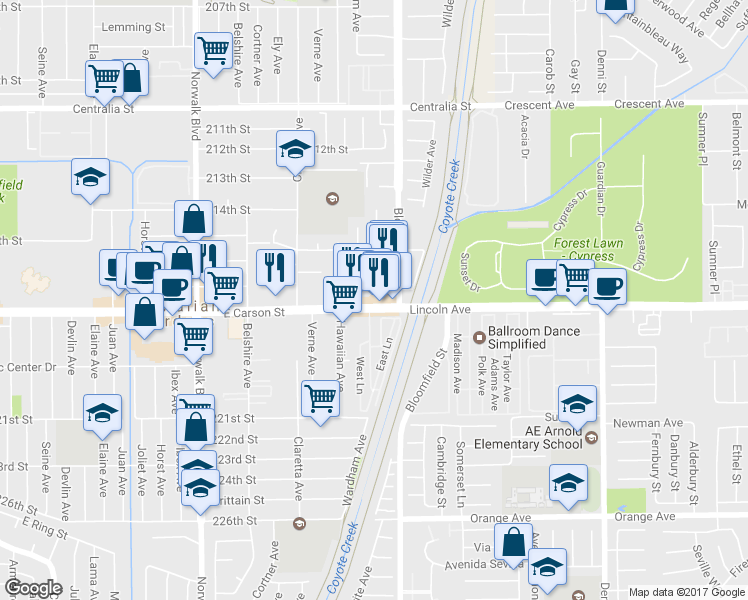 map of restaurants, bars, coffee shops, grocery stores, and more near 12545 Carson Street in Hawaiian Gardens