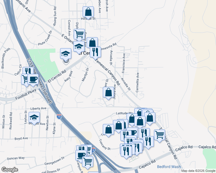 map of restaurants, bars, coffee shops, grocery stores, and more near 19830 Grant Street in Corona