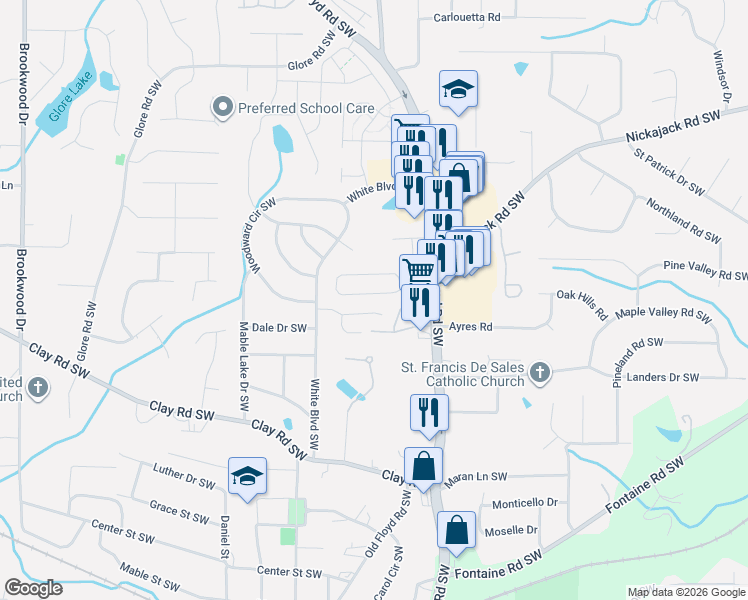 map of restaurants, bars, coffee shops, grocery stores, and more near 872 Joseph Club Drive in Mableton