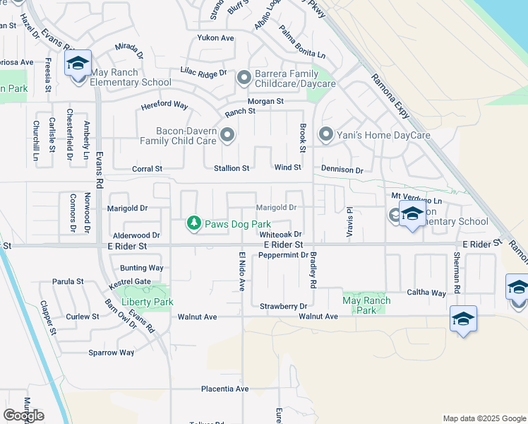map of restaurants, bars, coffee shops, grocery stores, and more near 3344 Milkweed Lane in Perris