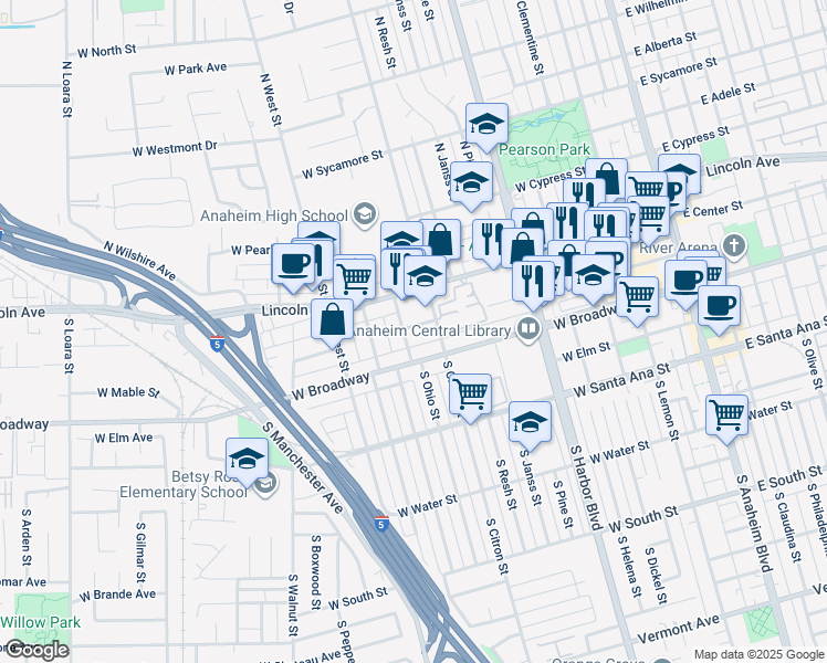 map of restaurants, bars, coffee shops, grocery stores, and more near 122 South Ohio Street in Anaheim