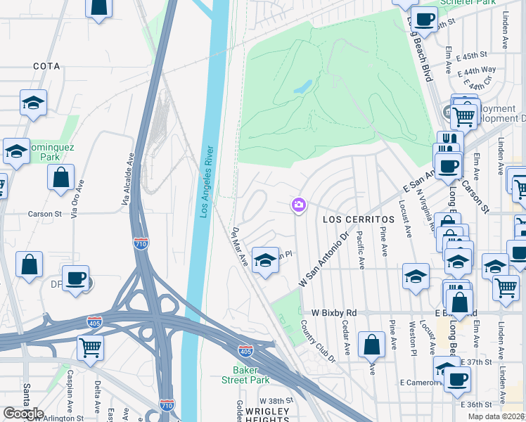 map of restaurants, bars, coffee shops, grocery stores, and more near 4167 Del Mar Avenue in Long Beach