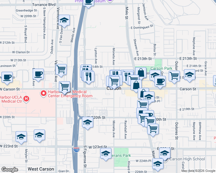 map of restaurants, bars, coffee shops, grocery stores, and more near 315 West Carson Street in Carson