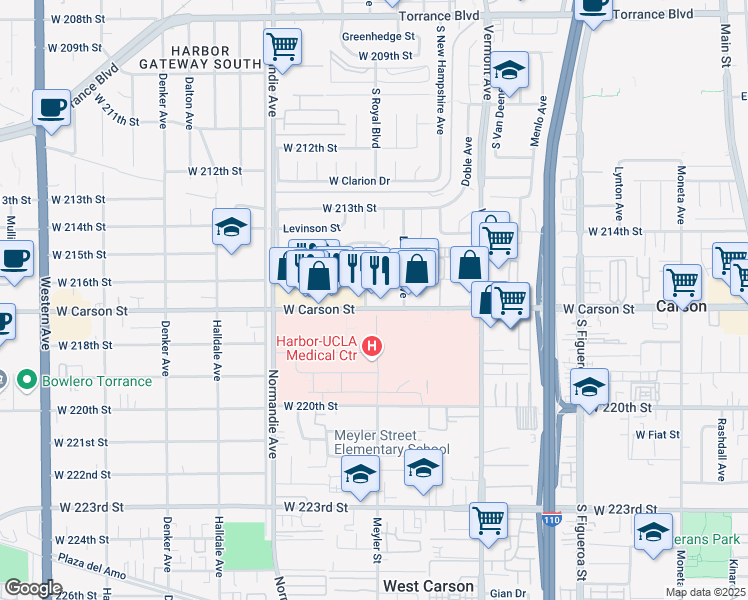map of restaurants, bars, coffee shops, grocery stores, and more near 21531 Meyler Street in Torrance