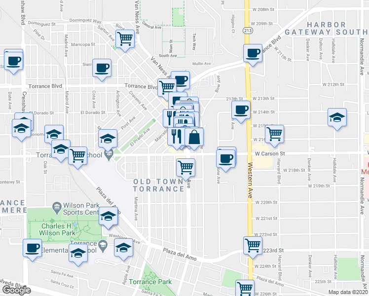 map of restaurants, bars, coffee shops, grocery stores, and more near 1616 Cabrillo Avenue in Torrance