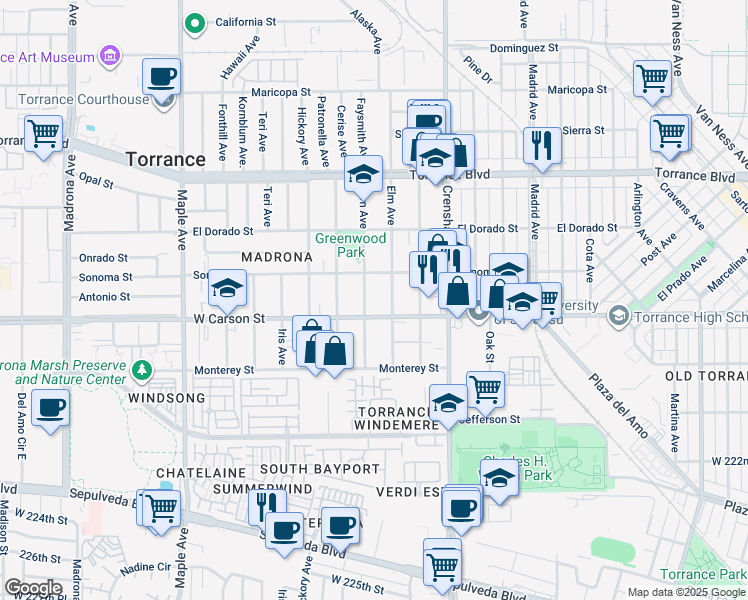 map of restaurants, bars, coffee shops, grocery stores, and more near 1610 Fern Avenue in Torrance