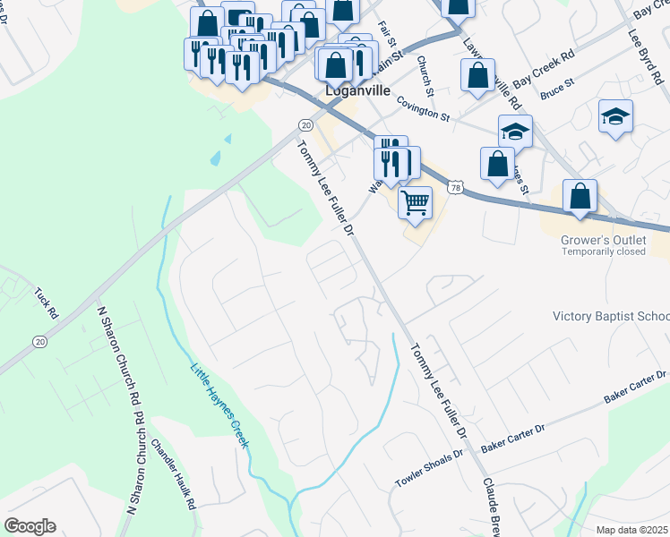 map of restaurants, bars, coffee shops, grocery stores, and more near 806 Village Place in Loganville