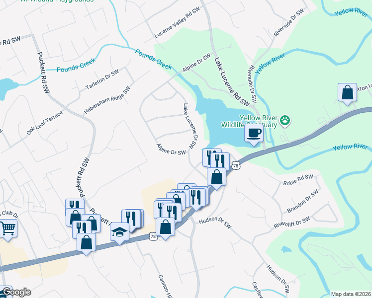 map of restaurants, bars, coffee shops, grocery stores, and more near 1963 Lake Lucerne Drive Southwest in Lilburn