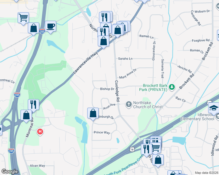 map of restaurants, bars, coffee shops, grocery stores, and more near 1723 Ronald Road in Tucker