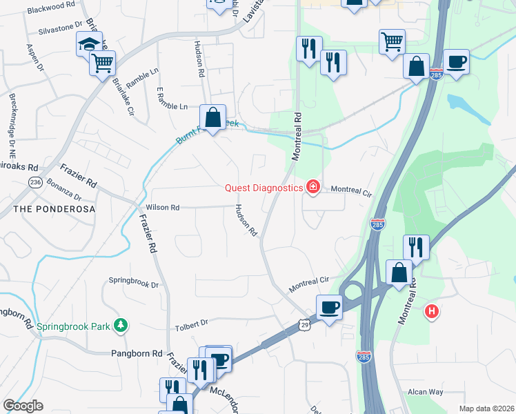 map of restaurants, bars, coffee shops, grocery stores, and more near 1716 Kennersly Close in Tucker