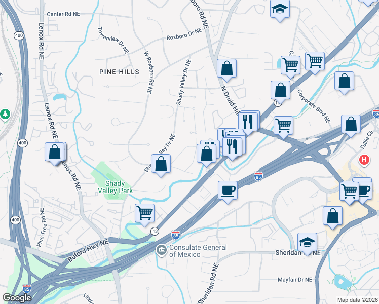 map of restaurants, bars, coffee shops, grocery stores, and more near 1708 Dunwoody Place Northeast in Atlanta