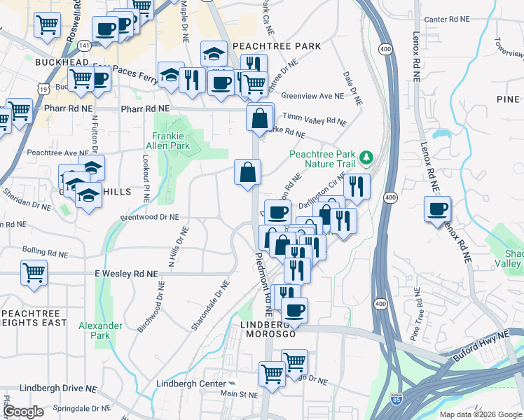 map of restaurants, bars, coffee shops, grocery stores, and more near 2847 Piedmont Road Northeast in Atlanta