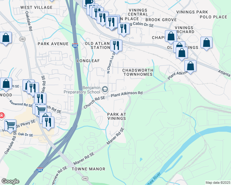map of restaurants, bars, coffee shops, grocery stores, and more near 5087 Leeshire Trail Southeast in Atlanta