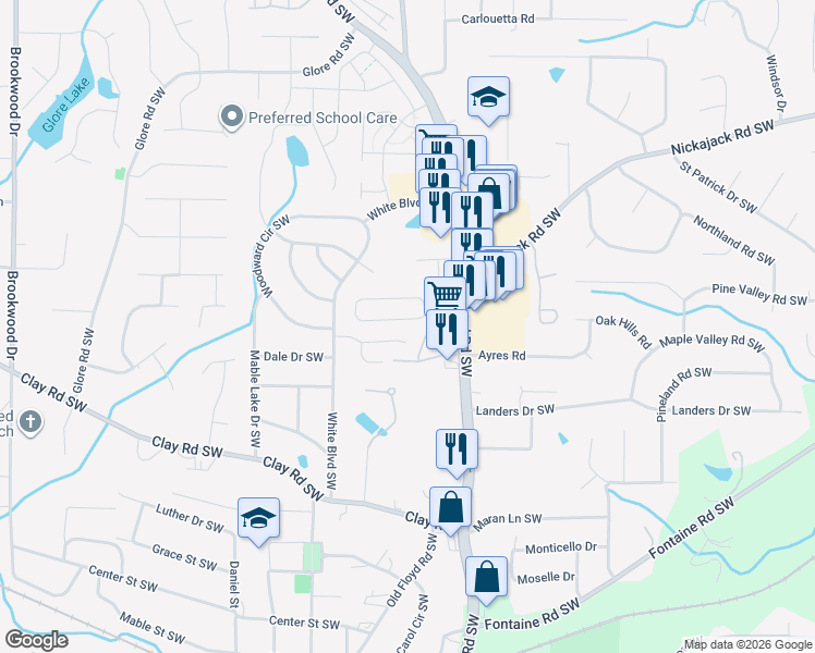 map of restaurants, bars, coffee shops, grocery stores, and more near 917 Joseph Club Drive in Mableton