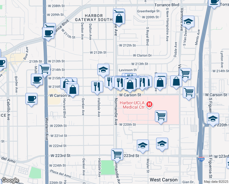 map of restaurants, bars, coffee shops, grocery stores, and more near 21611 Normandie Avenue in Torrance