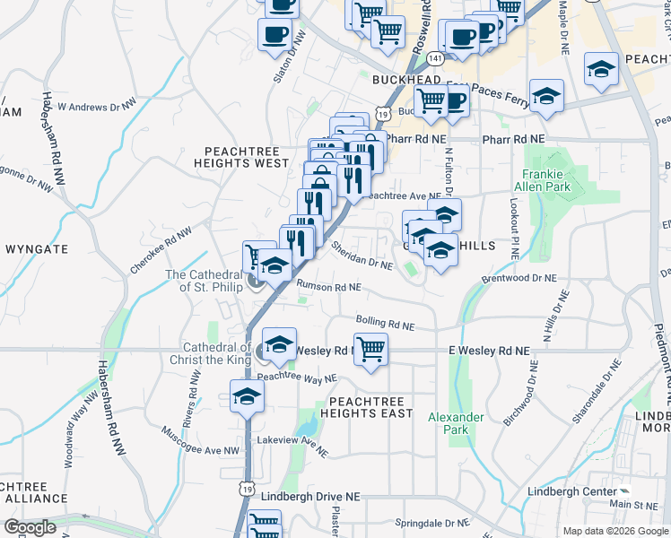 map of restaurants, bars, coffee shops, grocery stores, and more near 2818 Rumson Court Northeast in Atlanta