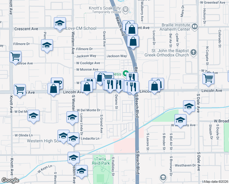 map of restaurants, bars, coffee shops, grocery stores, and more near 3060 West Lincoln Avenue in Anaheim