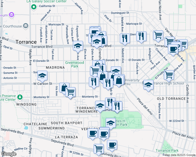map of restaurants, bars, coffee shops, grocery stores, and more near 1635 Crenshaw Boulevard in Torrance