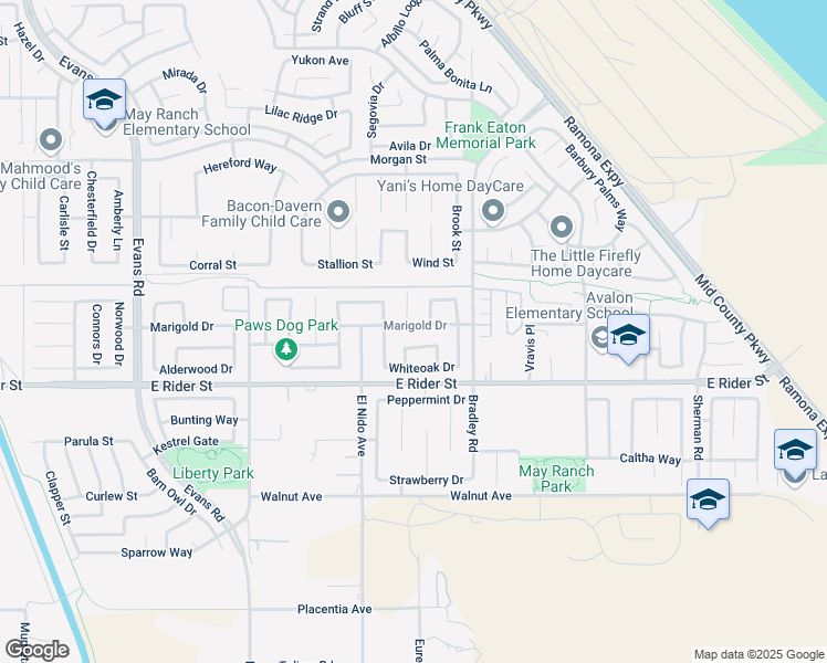map of restaurants, bars, coffee shops, grocery stores, and more near 1509 Marigold Drive in Perris