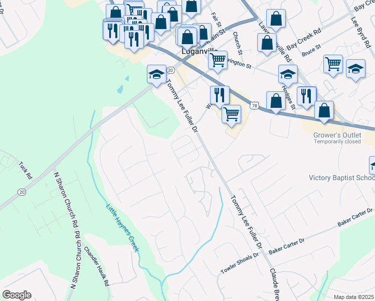 map of restaurants, bars, coffee shops, grocery stores, and more near 806 Village Place in Loganville