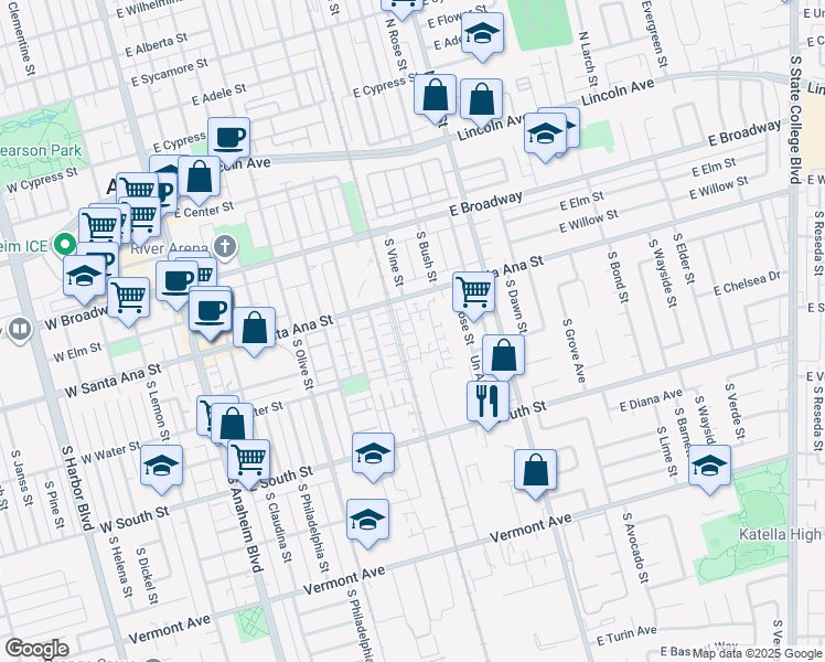 map of restaurants, bars, coffee shops, grocery stores, and more near 527 S Motif Street in Anaheim