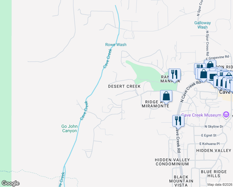 map of restaurants, bars, coffee shops, grocery stores, and more near 5450 Desert Creek Lane in Cave Creek