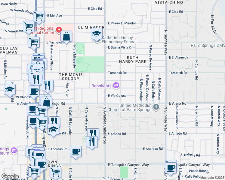 map of restaurants, bars, coffee shops, grocery stores, and more near 1055 East Granvia Valmonte in Palm Springs