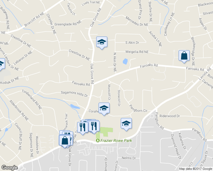 map of restaurants, bars, coffee shops, grocery stores, and more near 1702 Montcliff Court in Decatur