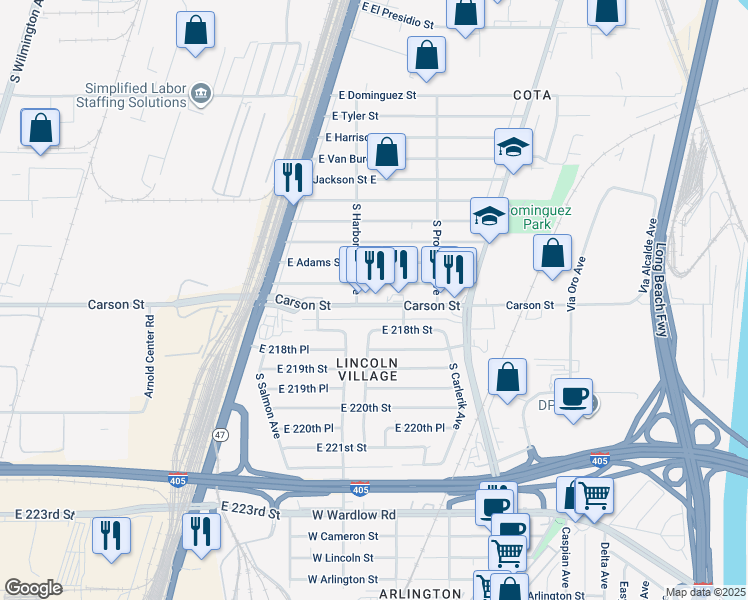 map of restaurants, bars, coffee shops, grocery stores, and more near 2609 East Carson Street in Carson