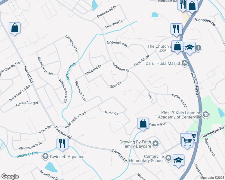 map of restaurants, bars, coffee shops, grocery stores, and more near 3485 Sims Road in Snellville