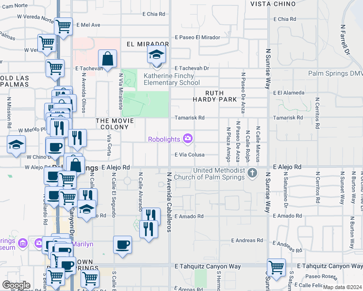 map of restaurants, bars, coffee shops, grocery stores, and more near 1055 East Granvia Valmonte in Palm Springs