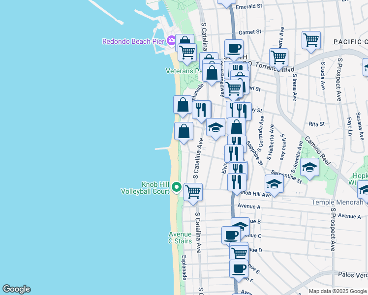 map of restaurants, bars, coffee shops, grocery stores, and more near 615 Esplanade in Redondo Beach