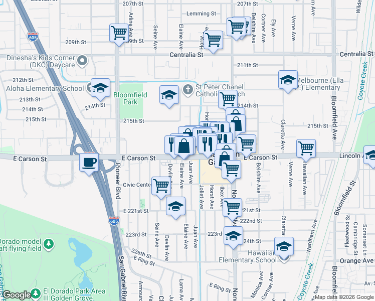 map of restaurants, bars, coffee shops, grocery stores, and more near 12001 East Carson Street in Hawaiian Gardens
