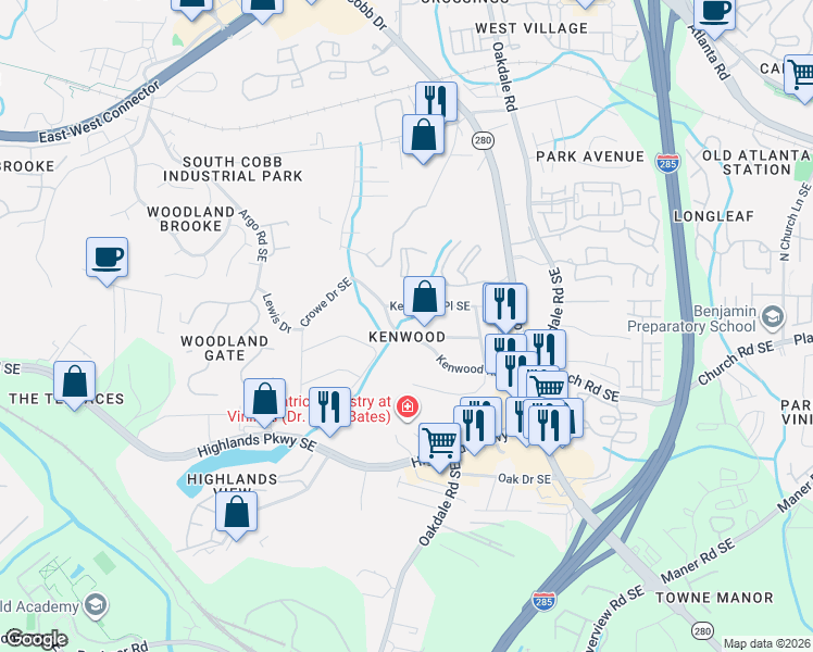 map of restaurants, bars, coffee shops, grocery stores, and more near 1941 Kenwood Road Southeast in Smyrna