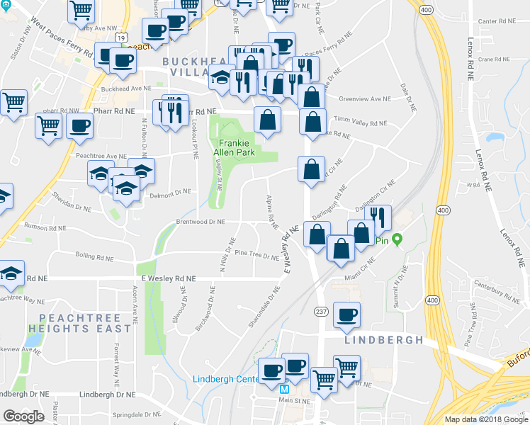 map of restaurants, bars, coffee shops, grocery stores, and more near 2836 Alpine Road Northeast in Atlanta