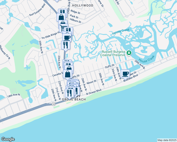 map of restaurants, bars, coffee shops, grocery stores, and more near 411 28th Avenue North in North Myrtle Beach