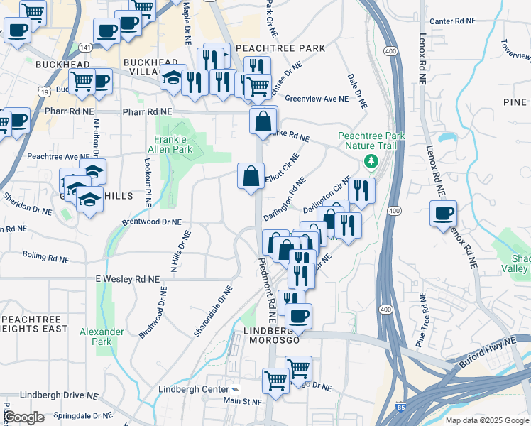 map of restaurants, bars, coffee shops, grocery stores, and more near 2847 Piedmont Road Northeast in Atlanta