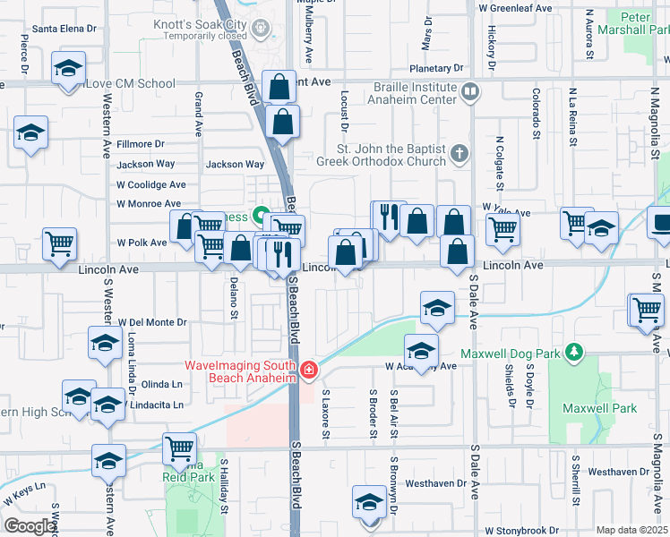 map of restaurants, bars, coffee shops, grocery stores, and more near 109 Laxore Street in Anaheim