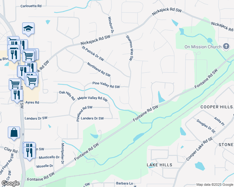 map of restaurants, bars, coffee shops, grocery stores, and more near 5065 Irish Spring Court in Mableton