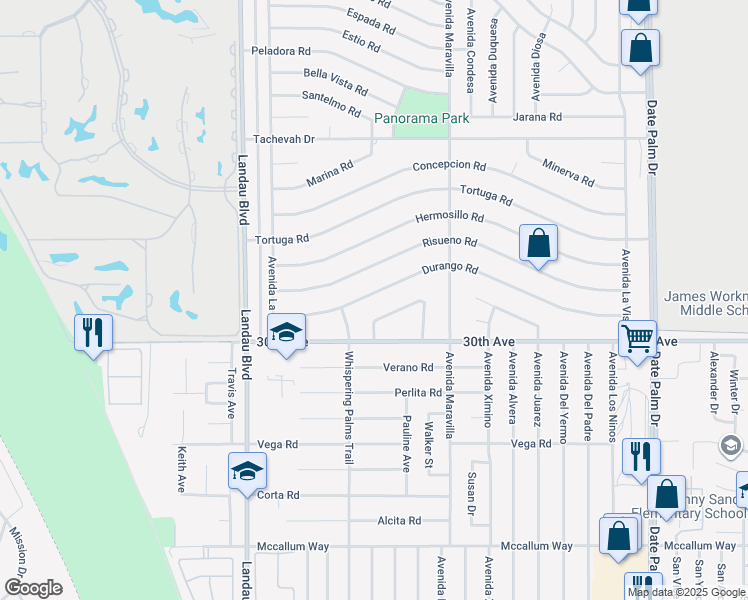 map of restaurants, bars, coffee shops, grocery stores, and more near 68293 Durango Road in Cathedral City