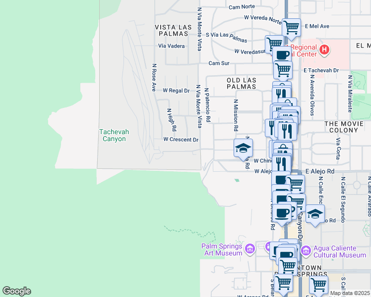map of restaurants, bars, coffee shops, grocery stores, and more near 698 Las Palmas Estates Drive in Palm Springs
