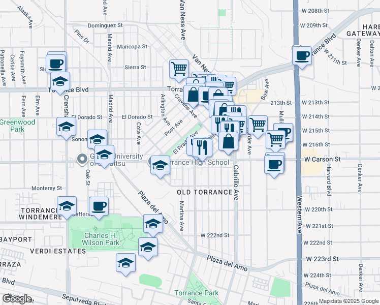 map of restaurants, bars, coffee shops, grocery stores, and more near 1623 Arlington Avenue in Torrance
