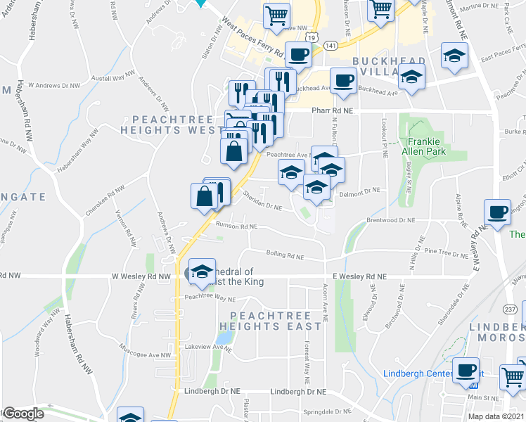 map of restaurants, bars, coffee shops, grocery stores, and more near 59 Sheridan Drive Northeast in Atlanta